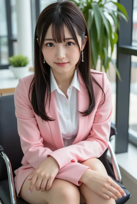 (full body image:1.5), (太ももからhigh heelsにかけての脚線美:1.5), (From the top of her head to the tips of her feet :1.5),Sleek long black hair , Professional Office Lady with Long Dark Hair, is sitting in a chair with her legs crossed, The height of the chair is 60c...