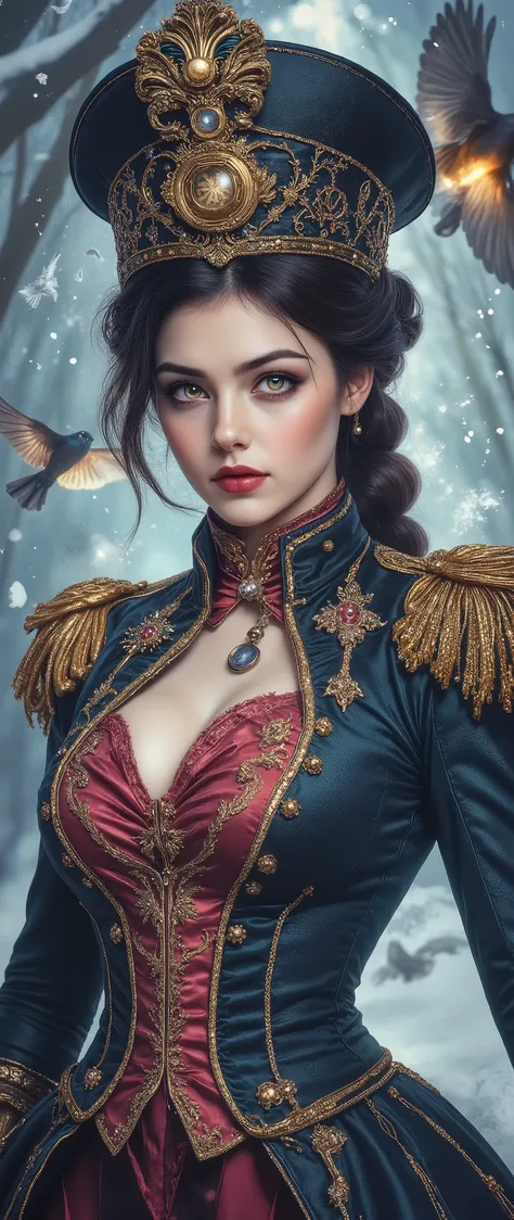 Stylized digital art of a girl student of a magician. In the magical uniform of a sorceress. A dramatic, bright, provocative uniform, combined with luminous braid. On her head is a tall golden, sparkling shako with a magic sign, rich Baroque decor. Her bea...