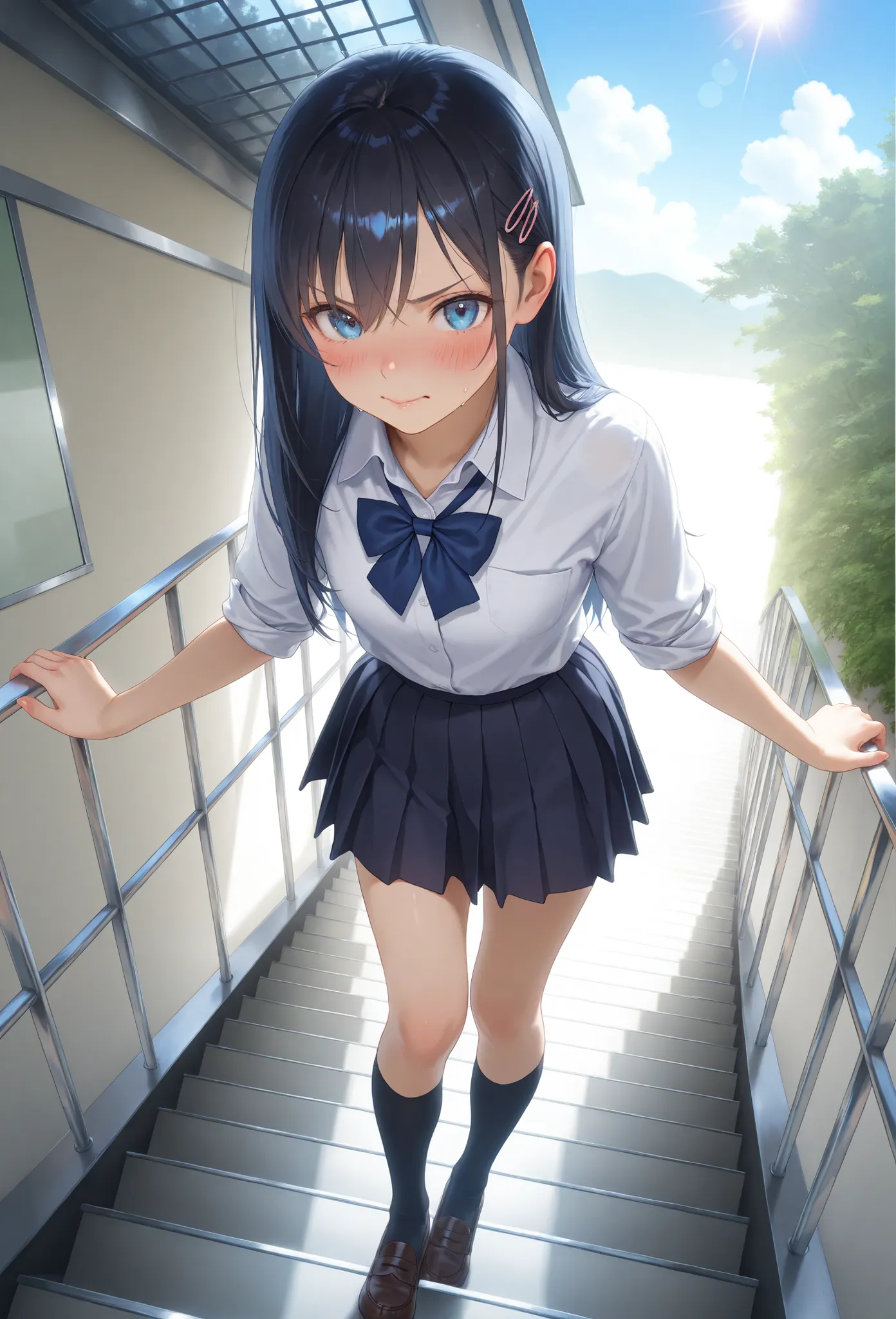 masterpiece, best quality, ultra high resolution, highly detailed, sharp focus, photorealistic illustration, 8k,
((1girl:1.3)), young woman, Japanese schoolgirl, (school uniform:1.2), long straight hair, hairpin accessory, blue eyes with subtle scowl (1....
