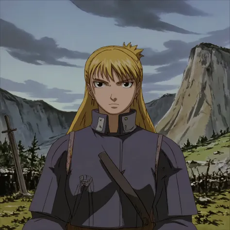 b3rs3rk military uniform with gold and silver accents
long blonde hair
spiky blonde hair styled in a bun
