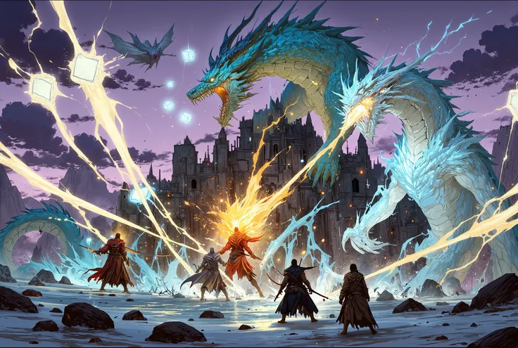 Battle between the Fire Wizard and the Ice Wizard Purple Eerie Sky Magic Cube Light Floating in the Sky Blue Dragon Island and Castle