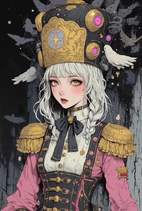 Stylized digital art of a girl student of a magician. In the magical uniform of a sorceress. A dramatic, bright, provocative uniform, combined with luminous braid. On her head is a tall golden, sparkling shako with a magic sign, rich Baroque decor. Her bea...