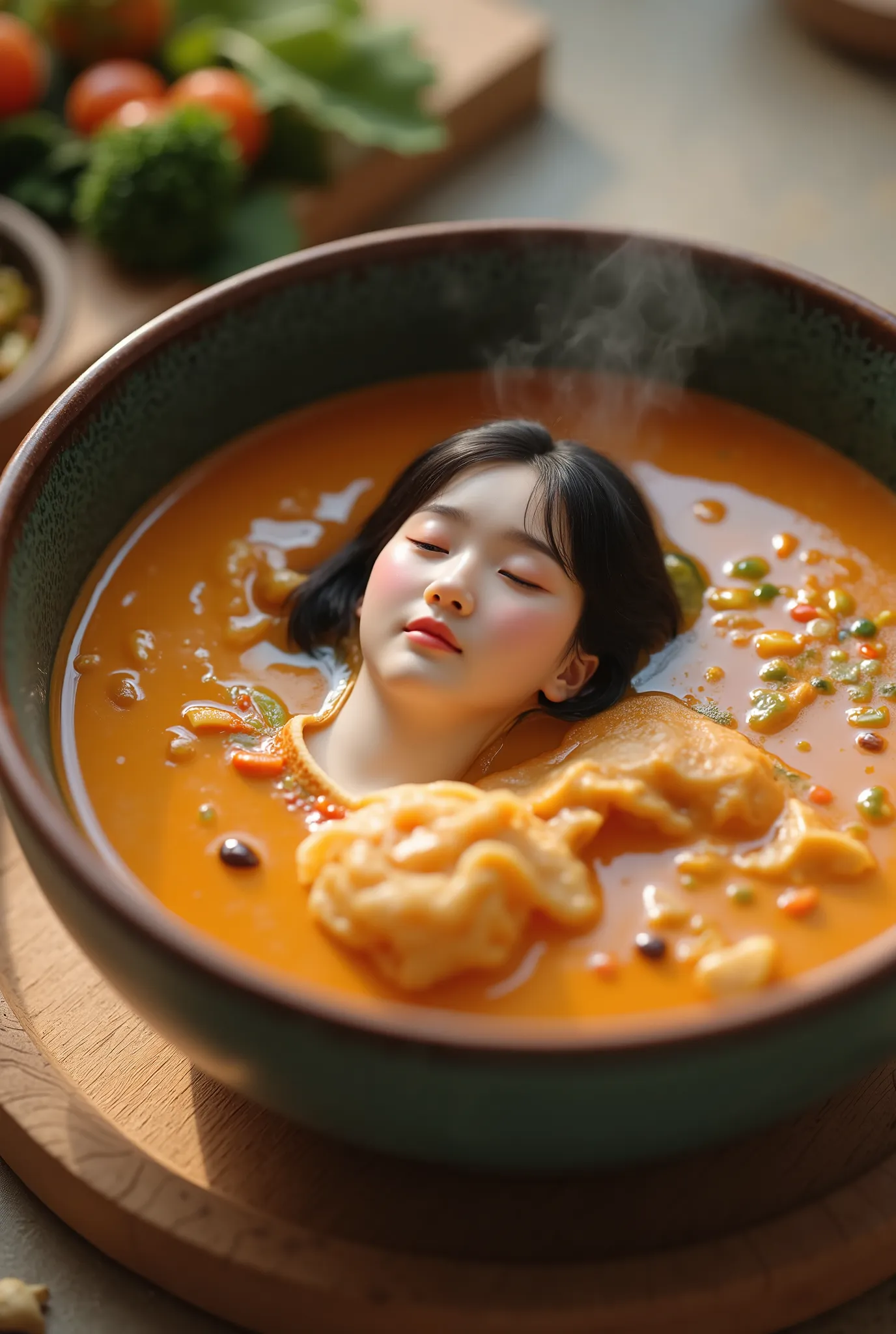 Realistic photo of a beautiful Korean little mother relaxing in a bowl of curry.
