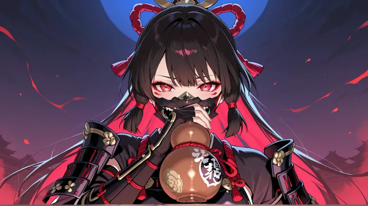A Japanese woman holding a gourd drinking vessel、Armor、traditional Japanese armor face mask covering the mouth and cheeks with a devil's mouth design、crazy atmosphere、Vivid Colors、masterpiece、Highest Quality、8k