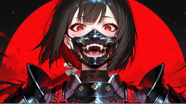 1 Japanese woman、Armor、traditional Japanese armor face mask covering the mouth and cheeks with a devil's mouth design、crazy atmosphere、masterpiece、Highest Quality、8k