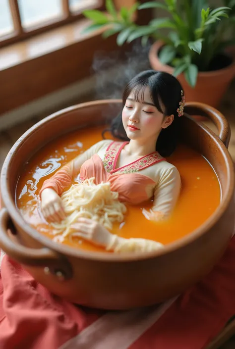 Realistic photo of a beautiful Korean little mother relaxing in a bowl of curry.