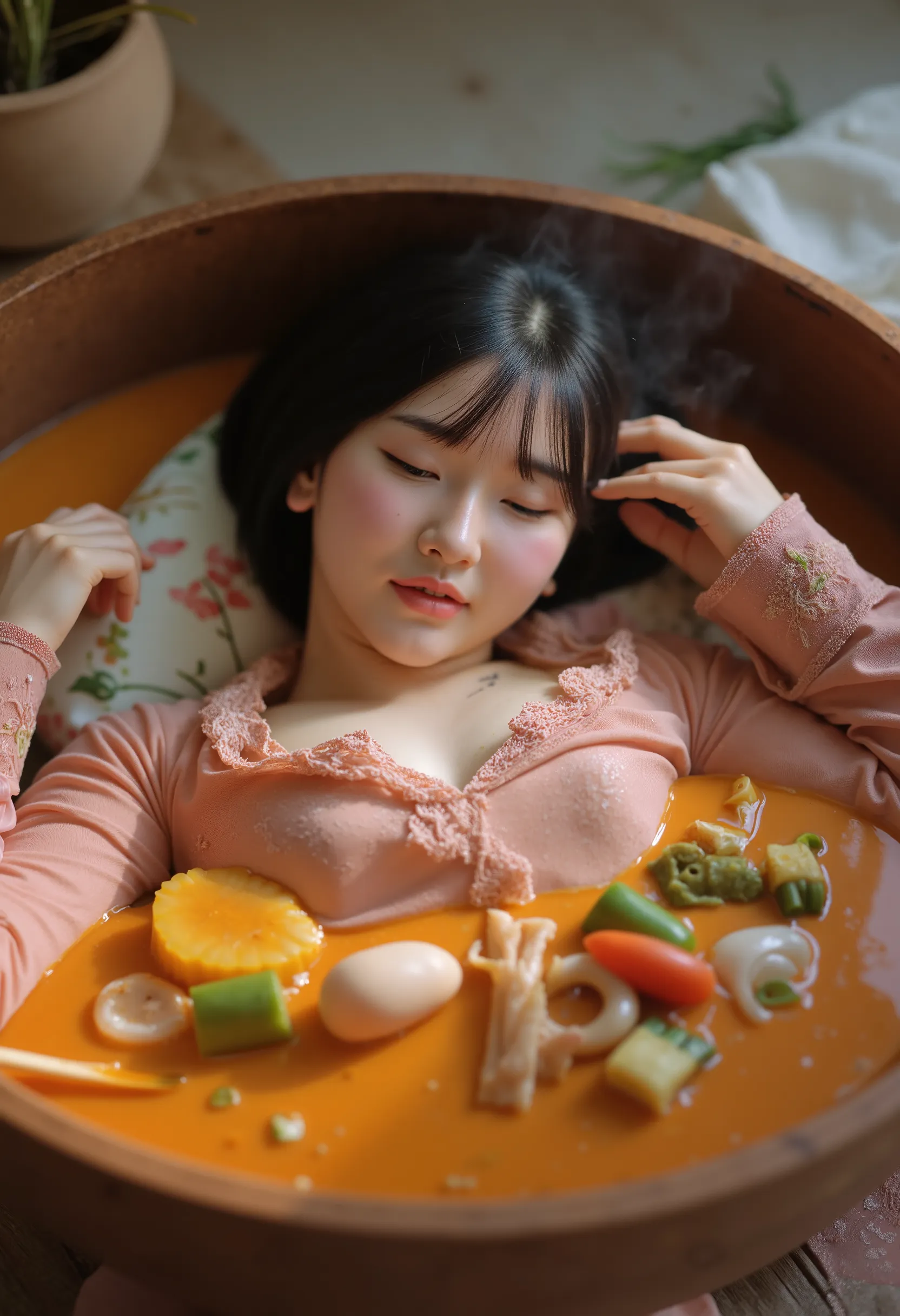 Realistic photo of a beautiful Korean little mother relaxing in a bowl of curry.