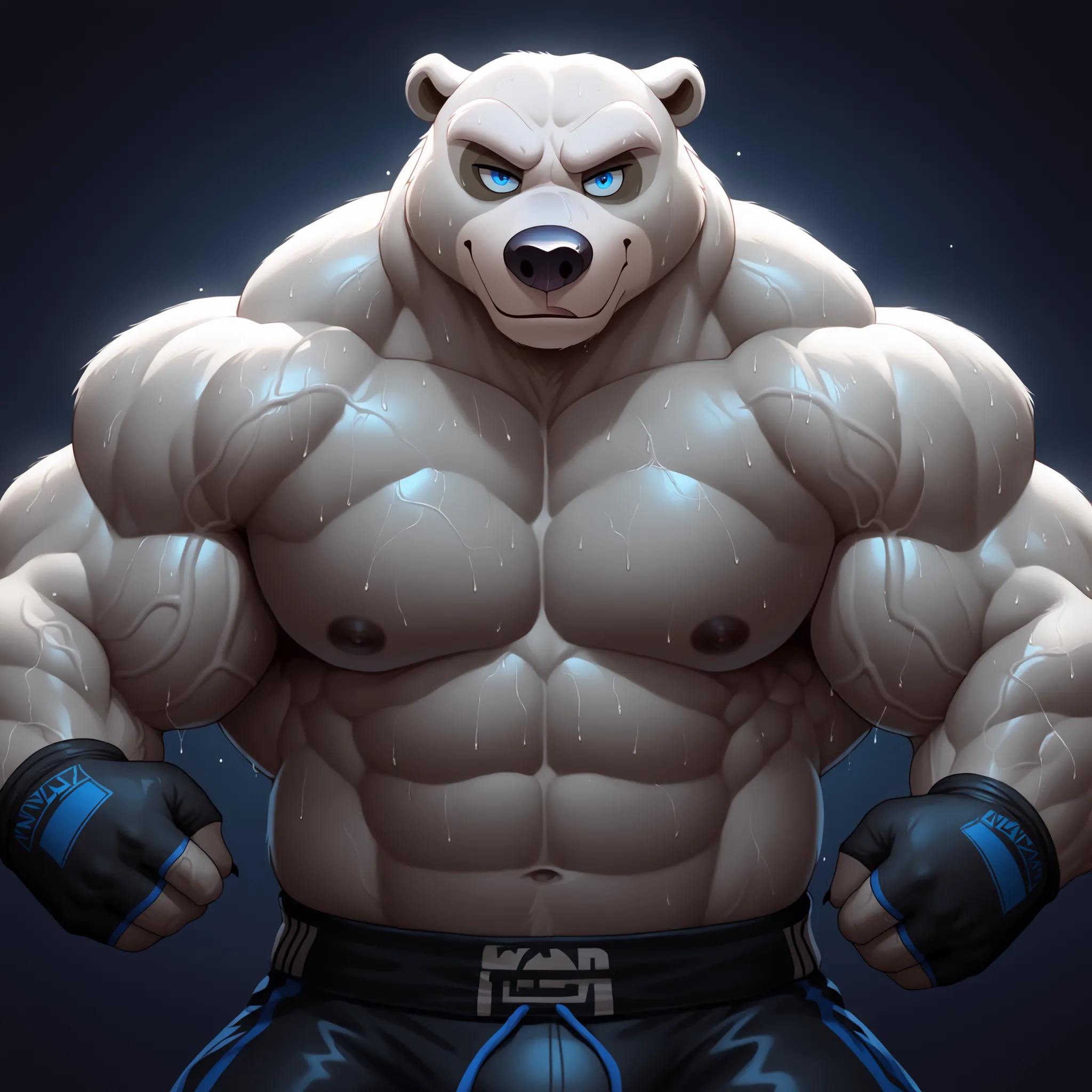 By Walt Disney, by Disney, 8k, masterpiece, Polar bear, male, solo, polar bear, thick muscular, athletic, masculine, (nice eyes, blue eyes with pupils), MMA_gloves with knuckle pads, black MMA_trunks with blue line slits, simple background, sweaty thick bo...
