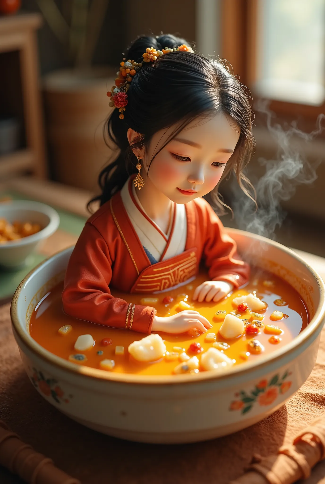 Realistic photo of a beautiful Korean little mother relaxing in a bowl of curry.
