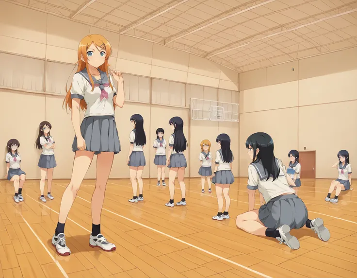 1girl unwellness kirino kousaka, long hair, blue eyes, hair ornament, hairclip, orange hair, aqua eyes, skirt, school uniform, serafuku, shirt, white shirt, grey sailor collar, grey skirt, pleated skirt, neckerchief, pink neckerchief,sitting on the floor g...