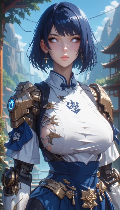 score_9,score_8_up,score_7_up,solo,looking at viewer, Hyūga_Hinata's/Boruto, White Eyes, short hair,bangs,shirt,Dark Blue hair, ((Huge Breasts)), (Sci Fi Of Future West), a Cyber Templar in black (the secret underground bar,What are the stories of debauche...
