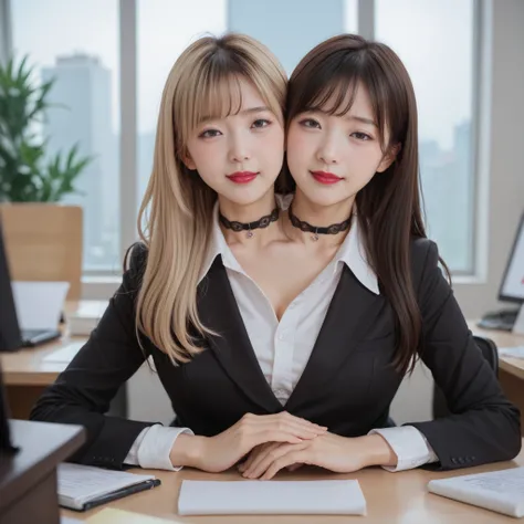 best resolution, japanese woman with two heads,  conjoined, closed smiles, blush,  different faces, different hair colors, blonde hair, black hair, black suit, white button shirt, black overalls, lace, hands together,choker, detailed face, realism, deep re...