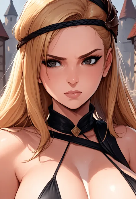 Medieval Fantasy,1 female Mercenary,portrait,Medieval,naked,super breasts,((black sling bikini))