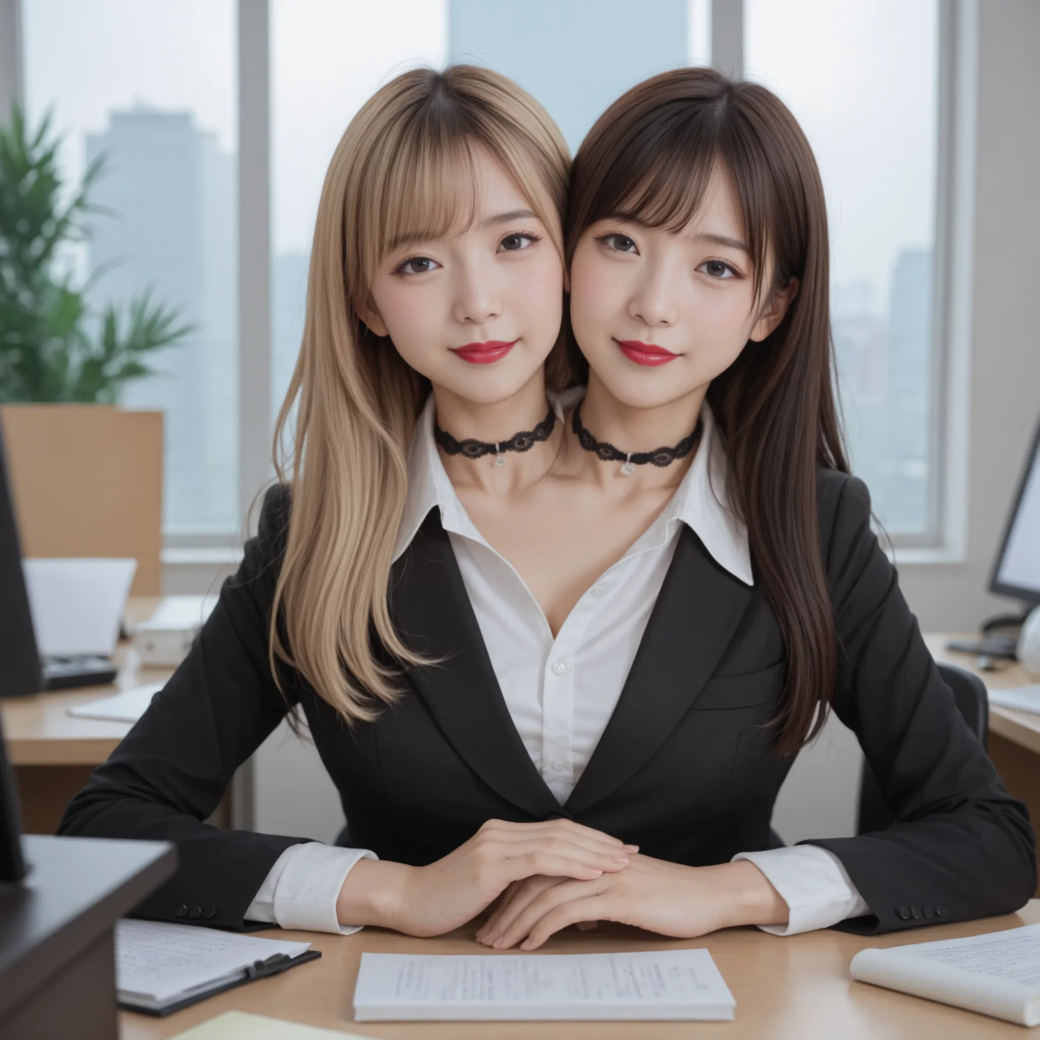 best resolution, japanese woman with two heads,  conjoined, closed smiles, blush,  different faces, different hair colors, blonde hair, black hair, black suit, white button shirt, black overalls, lace, hands together,choker, detailed face, realism, deep re...