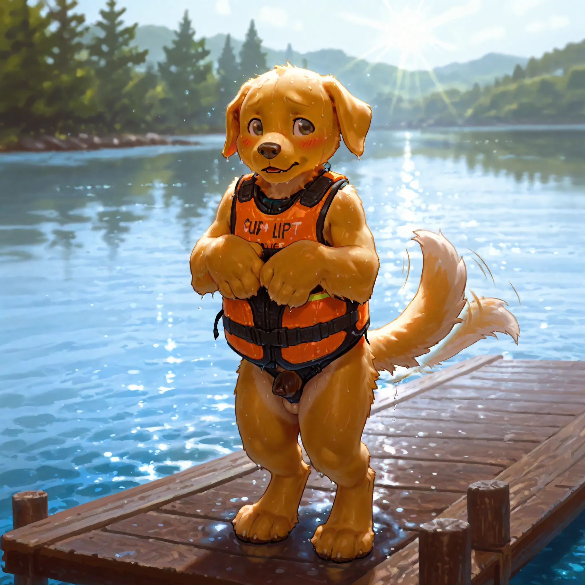 Taran Fiddler, Anhes, ((Labrador retriever, anthro, canine, male, young, cub, pup, cute, wagging tail, wearing life vest, standing, standing on dock, sweating, sweaty, big paws, canine sheath, furry sheath, animal penis sheath, shy)), solo, 1 male, dock, l...