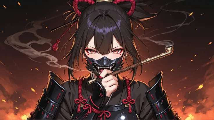 A Japanese woman holding a smoke pipe、Armor、traditional Japanese armor face mask covering the mouth and cheeks with a devil's mouth design、decadent atmosphere、 dark、Vivid Colors、masterpiece、Highest Quality、8k