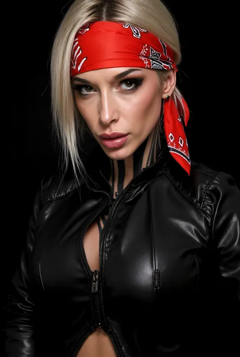a close up of a woman with a leather jacket and a bandana, madison beer as leeloo, publicity cosplay, badass pose, cosplay, glamourous cosplay, red hood cosplay, fighter pose, cosplay on black harley queen, beautiful rogue lady, female rogue, as overwatch ...