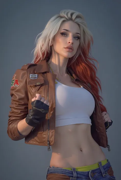 Characterized by long, voluminous, red and white hair, the subject sports a brown leather jacket with a distinctive logo on the sleeve, paired with a form-fitting white crop top. The attire evokes a bold style with blue jeans and a hint of yellow visible n...