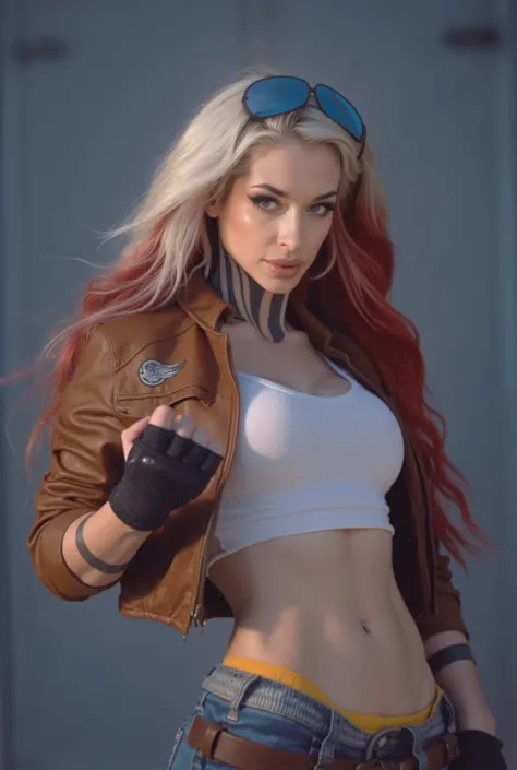 Characterized by long, voluminous, red and white hair, the subject sports a brown leather jacket with a distinctive logo on the sleeve, paired with a form-fitting white crop top. The attire evokes a bold style with blue jeans and a hint of yellow visible n...