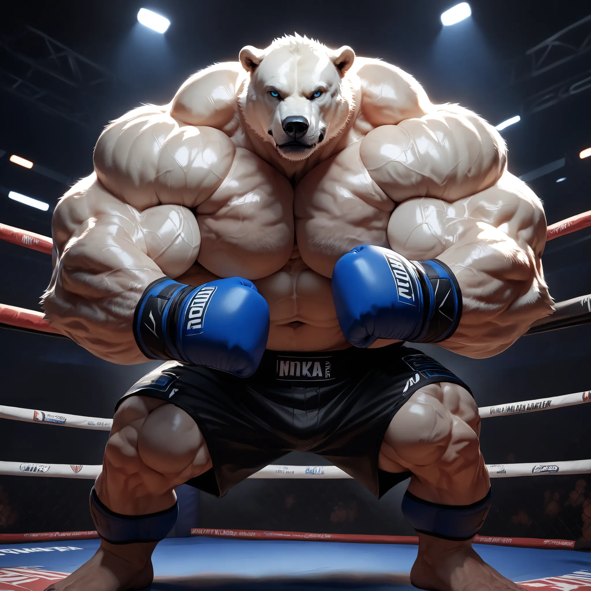 Realistic, 8k, masterpiece, Polar bear, male, solo, polar bear, thick muscular, athletic, masculine, (nice eyes, blue eyes with pupils), MMA_gloves with knuckle pads, black MMA_trunks with blue line slits, ankle support brace, MMA UFC Tournament background...