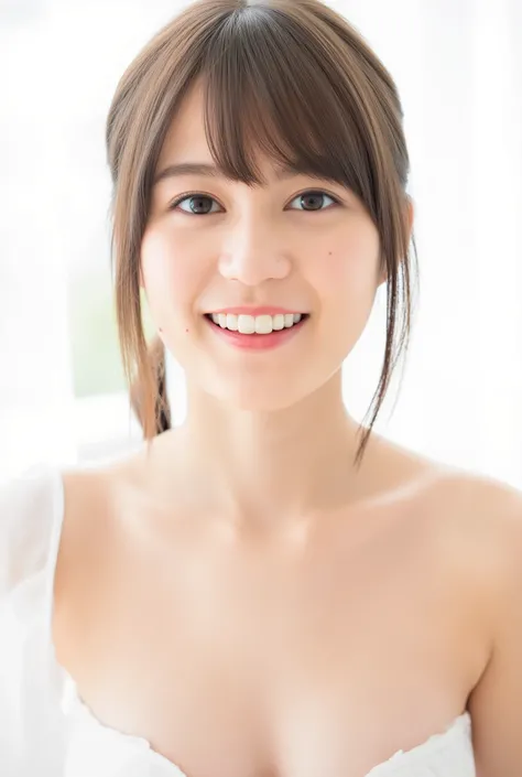 In this high-resolution photo、and bangs _Erica. she's a young Japanese woman named Ikuta with brown hair that reaches her shoulders、((white underwear))、I have white skin. She is looking straight into the camera、 with a joyful expression. The background is ...