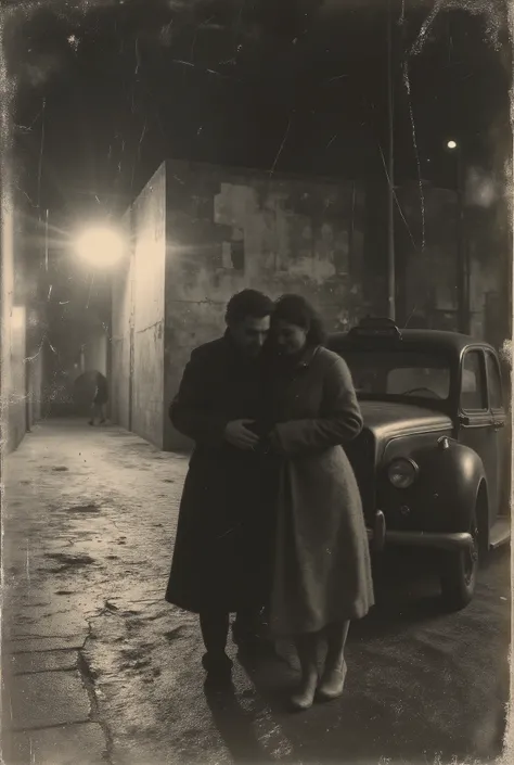at night , a dark car parks in front of the warehouse. A man — an adult, Long dark coat, way, face covered by shade — carries an unconscious woman in his arms. The only lighting comes from the headlight of the car and the lamp in the shed. Era: 1933. disc...