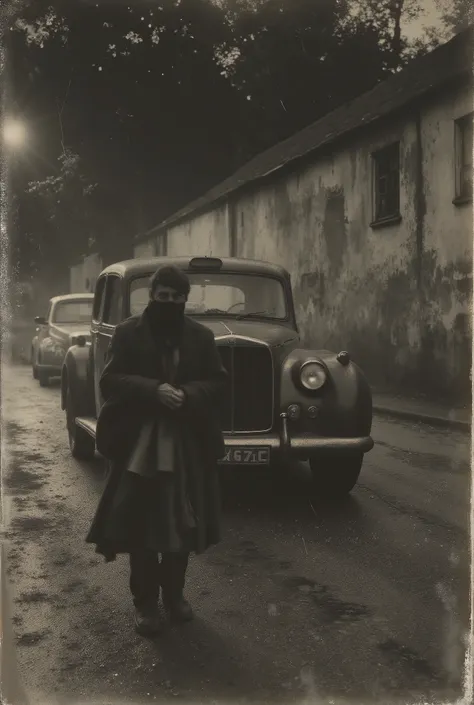 at night , a dark car parks in front of the warehouse. A man — an adult, Long dark coat, way, face covered by shade — carries an unconscious woman in his arms. The only lighting comes from the headlight of the car and the lamp in the shed. Era: 1933. disc...