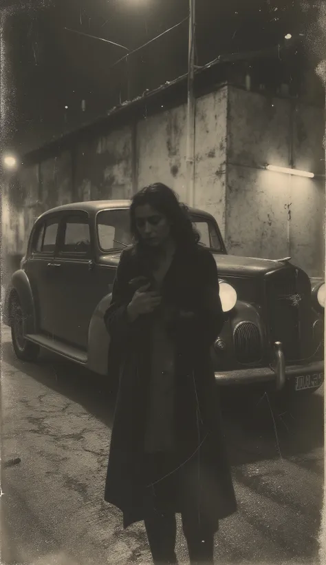 at night , a dark car parks in front of the warehouse. A man — an adult, Long dark coat, way, face covered by shade — carries an unconscious woman in his arms. The only lighting comes from the headlight of the car and the lamp in the shed. Era: 1933. disco...