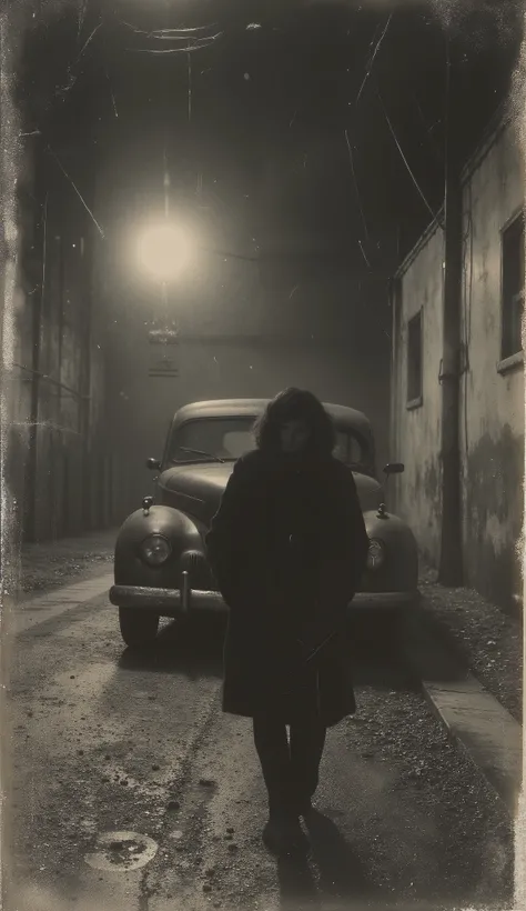 at night , a dark car parks in front of the warehouse. A man — an adult, Long dark coat, way, face covered by shade — carries an unconscious woman in his arms. The only lighting comes from the headlight of the car and the lamp in the shed. Era: 1933. disc...