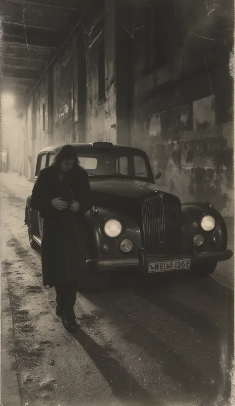 at night, a dark car parks in front of the warehouse. A man — an adult, Long dark coat, way, face covered by shade — carries an unconscious woman in his arms. The only lighting comes from the headlight of the car and the lamp in the shed. Era: 1933. disco...