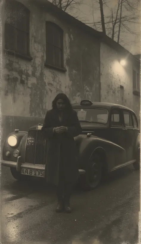 at night, a dark car parks in front of the warehouse. A man — an adult, Long dark coat, way, face covered by shade — carries an unconscious woman in his arms. The only lighting comes from the headlight of the car and the lamp in the shed. Era: 1933. disco...