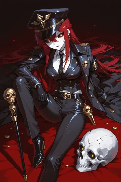 1 girl , golden eyes , very long hair , long sidelocks, red hair ,half updo, petite , very cute , beautiful ,Straight hair, cool, handsome, hair between eyes, sexy, female, mediumlarge breasts, strict black officer's cap with a dark red piping and welt, c...