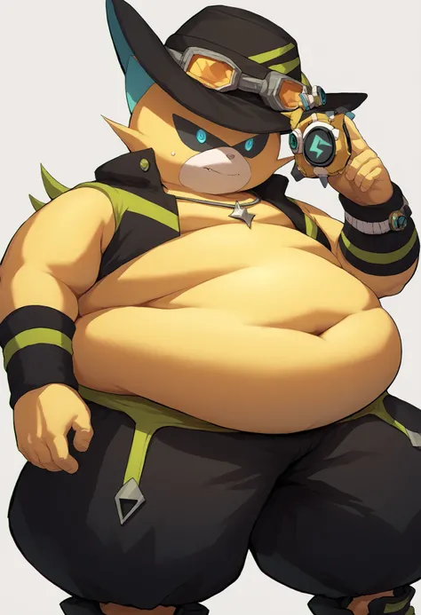 score_core_8_up，score_7_up，Wild Boy， yellow body ，blue eyes，cat，1 boy，source_anime，has a cowboy hat，Baggy Pants，goggles，WRIST SWEATBANDS，Being overweight，Obese Body Type，big belly，belly with fat，huge stomach