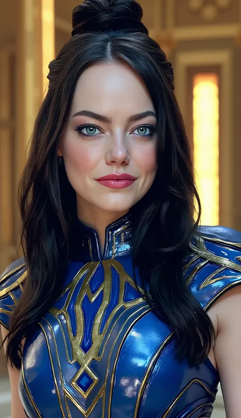 The image shows Emma Stone portrayed as Kitana, The * mortal kombat*, em um estilo super realista e The alta qualidaThe. She has long black hair , styled in an elaborate and elegant bun, typical of the character, with loose locks that fall gracefully aroun...