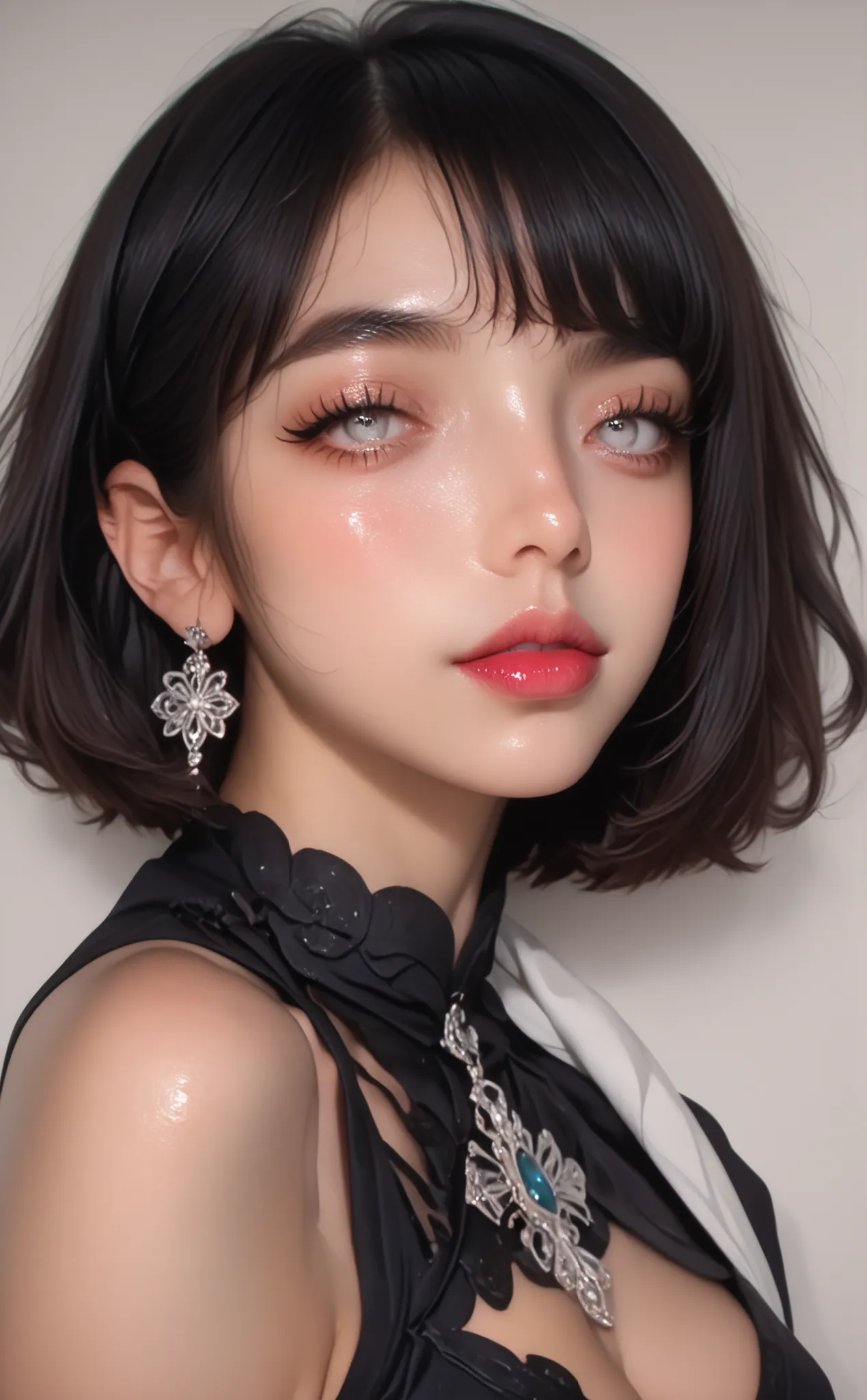 (masterpiece),(Highest quality),(High resolution),(Very detailed),One Woman,Japanese,Dark Blue Hair,Short Bob, White Eyes, Beautiful Eyes, Long eyelashes,Beautiful Hair, Shiny Peach-Red LipGloss,Beautiful Skin,strict,whole body, Serving beer To Man's, At P...