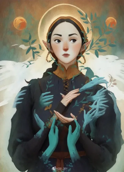 dkri style, 1girl, gorgeous elf, mature girl, looking away:1.5, vibrant pale skin, perfect hands, black eyes, medieval black dress, fantasy aesthetic, painterly illustration, gouache painting, soft illustration, 2d art, abstract background, masterpiece, be...