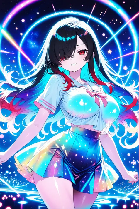 1 girl, Kuroki Monika, red eyes, gradient hair, black hair, red hair, long hair, asymmetrical hairline, hair over right eye, ((large breasts)), (petite but curvy), very cute, lovely,, Colorful summer School uniform Clothes, Colorful summer School uniform...