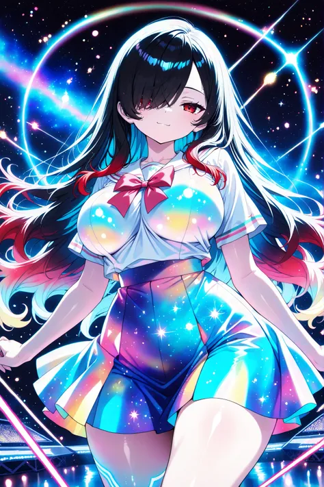 1 girl, Kuroki Monika, red eyes, gradient hair, black hair, red hair, long hair, asymmetrical hairline, hair over right eye, ((large breasts)), (petite but curvy), very cute, lovely,, Colorful summer School uniform Clothes, Colorful summer School uniform...