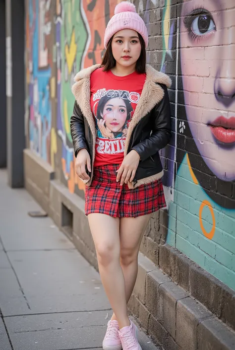 A beautiful, slightly overweight Southeast Asian woman stands next to a wall with colorful graffiti art. The graffiti features a large, stylized portrait of a woman's face and the word "BETINA". The woman is wearing a red Japanese-style T-shirt with her ow...