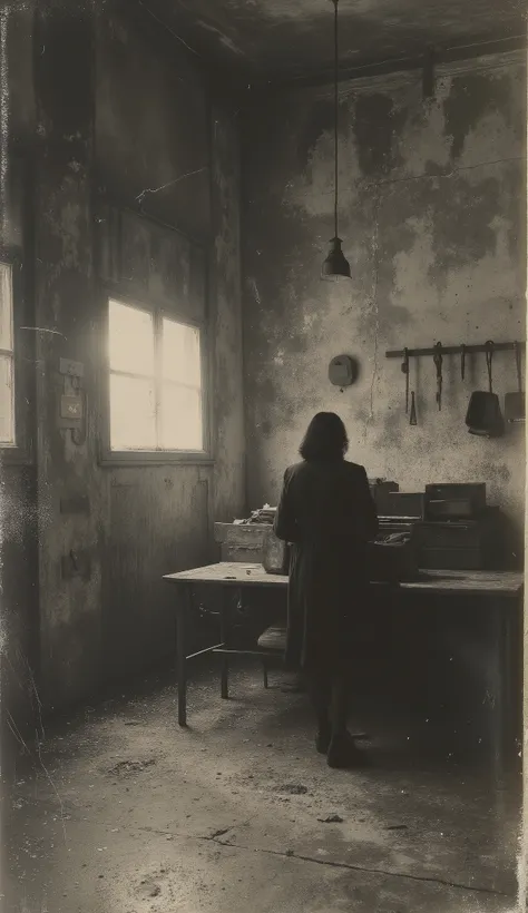 Inside the warehouse, the man places the woman on a rusty metal table. Around him, old boxes, Tools hanging, dust in the air. Look at the half-open door, Waiting. The light of the lamp hangs over them, casting long shadows. Era: 1933. discolored old photo,...