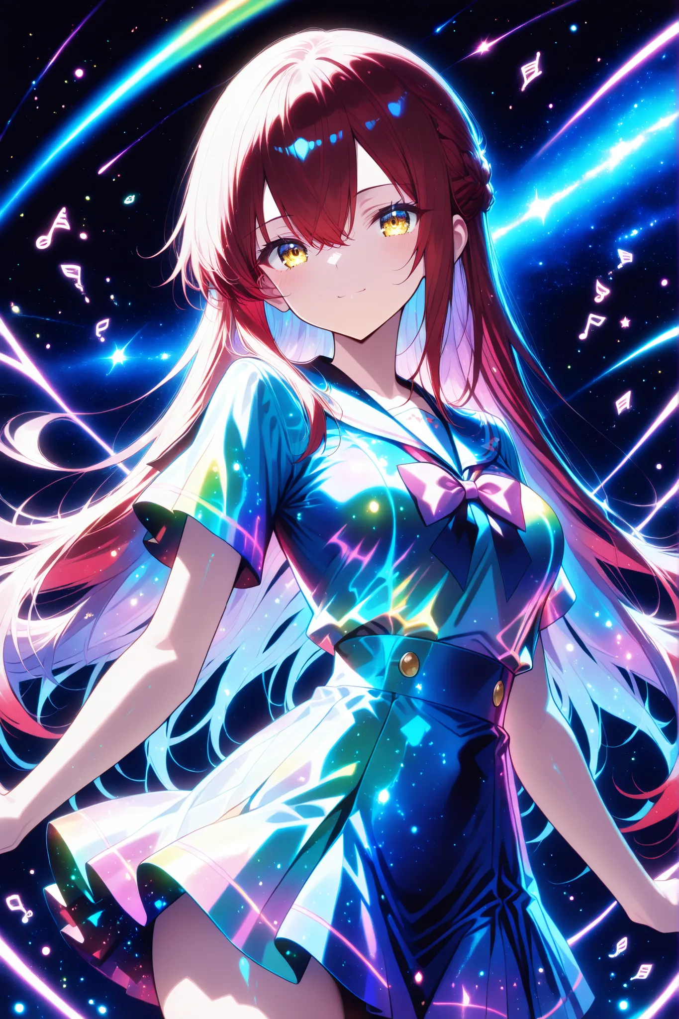 1 girl , golden eyes , very long hair , long sidelocks, red hair ,half updo, petite , very cute , beautiful ,Straight hair, cool, handsome, hair between eyes, sexy, female, mediumlarge breasts, lovely, kawaii, Colorful summer School uniform Clothes, Color...