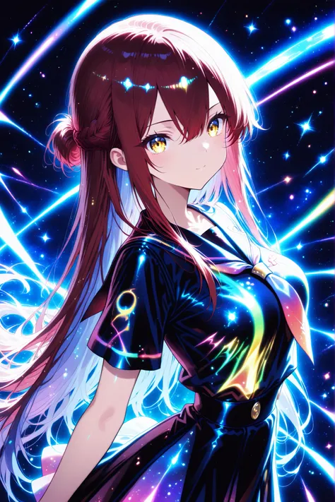 1 girl , golden eyes , very long hair , long sidelocks, red hair ,half updo, petite , very cute , beautiful ,Straight hair, cool, handsome, hair between eyes, sexy, female, mediumlarge breasts, lovely, kawaii, Colorful summer School uniform Clothes, Color...