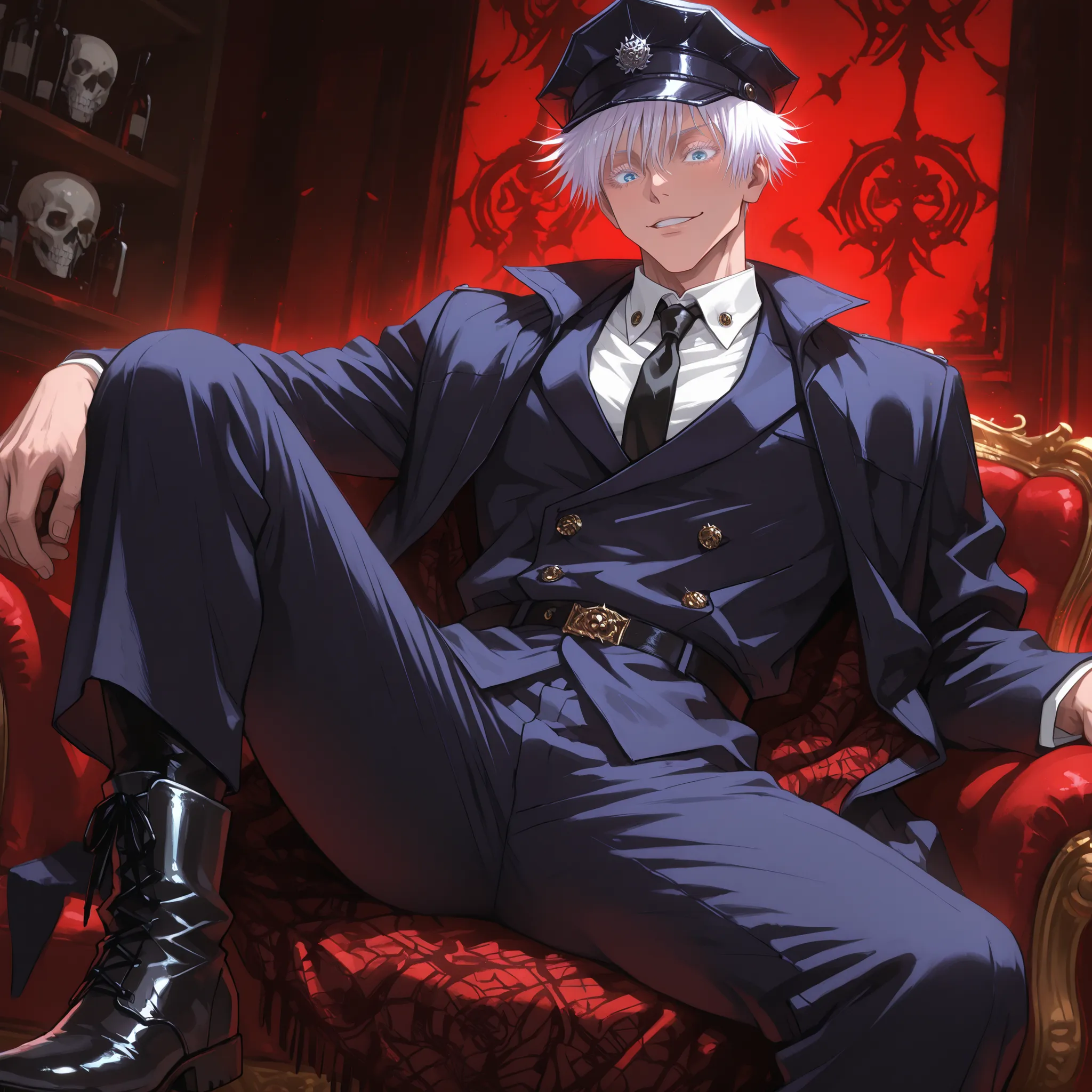 1boy, gojou satoru, jujutsu kaisen, blue eyes, colored eyelashes, white hair, short hair, sexy man, handsome face, strict black officer's cap with a dark red piping and welt, cockade on the cap is dark red in the form of a diamond pattern with an elongated...