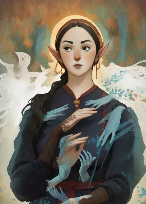 dkri style, 1girl, gorgeous elf, mature girl, looking away:1.5, vibrant pale skin, perfect hands, black eyes, medieval black dress, fantasy aesthetic, painterly illustration, gouache painting, soft illustration, 2d art, abstract background, masterpiece, be...