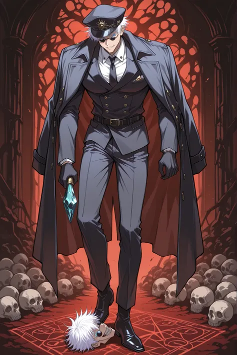 1boy, gojou satoru, jujutsu kaisen, blue eyes, colored eyelashes, white hair, short hair, sexy man, handsome face, strict black officer's cap with a dark red piping and welt, cockade on the cap is dark red in the form of a diamond pattern with an elongated...
