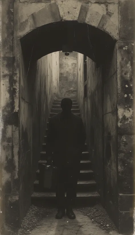 A hidden warehouse door opens into an underground tunnel. Metal stairs descend into the dark. The man descends with a suitcase. A small object shines in his hand: an old key. His silhouette is cut out against the faint orange light of the shed. Era: 1933. ...