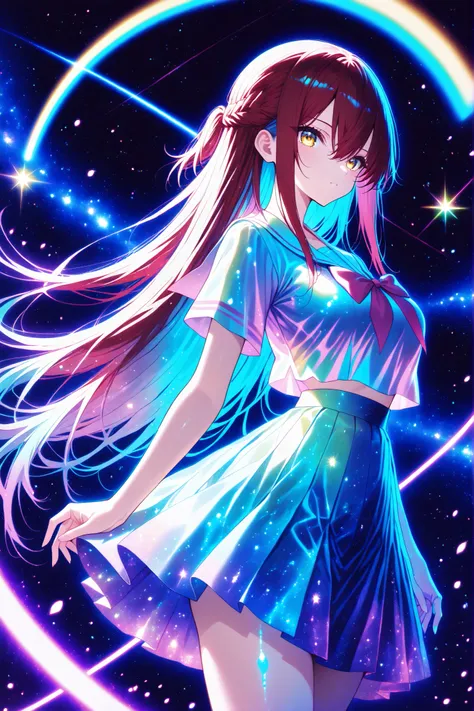 1 girl , golden eyes , very long hair , long sidelocks, red hair ,half updo, petite , very cute , beautiful ,Straight hair, cool, handsome, hair between eyes, sexy, female, mediumlarge breasts, lovely, kawaii, Colorful summer School uniform Clothes, Color...