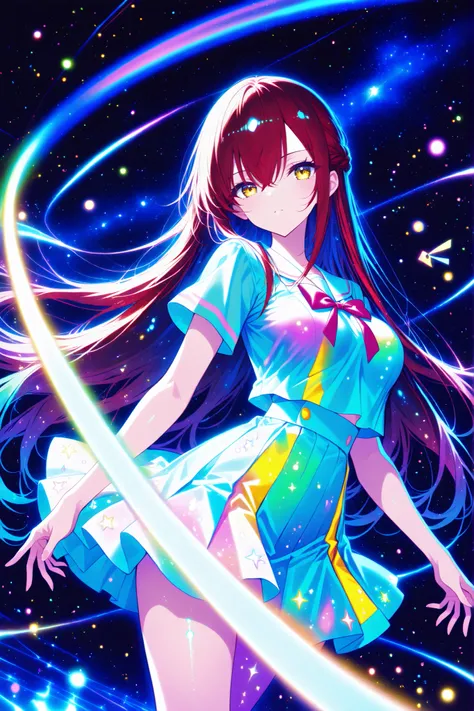 1 girl , golden eyes , very long hair , long sidelocks, red hair ,half updo, petite , very cute , beautiful ,Straight hair, cool, handsome, hair between eyes, sexy, female, mediumlarge breasts, lovely, kawaii, Colorful summer School uniform Clothes, Color...
