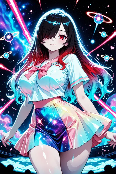  1 girl, Kuroki Monika, red eyes, gradient hair, black hair, red hair, long hair, asymmetrical hairline, hair over right eye, ((large breasts)), (petite but curvy), very cute, lovely,, Colorful summer School uniform Clothes,  Colorful summer School uniform...