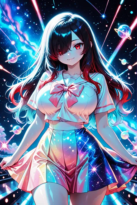 1 girl, Kuroki Monika, red eyes, gradient hair, black hair, red hair, long hair, asymmetrical hairline, hair over right eye, ((large breasts)), (petite but curvy), very cute, lovely,, Colorful summer School uniform Clothes, Colorful summer School uniform...
